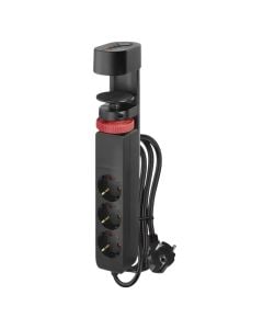 Electrical extension cord, 3 modules + USB + USB-C, 1.5m, 3x1.5mm, black, with table clamp