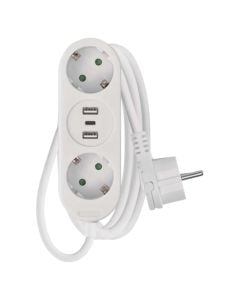 Power extension cord, 2 modules + USB + Type-C, 1.4m, white, 3x1.5mm