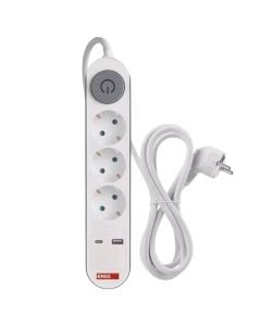 Electrical extension cord, 3 modules + USB + Type-C, 2m, white, with switch, 3x1.5mm