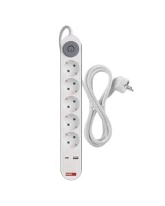 Electrical extension cord, 5 modules + USB + Type-C, 3m, white, with switch, 3x1.5mm