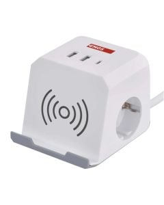 Cube-shaped power extension cord, 2 modules, 2x USB, 1x Type-C, wierless charger, 2m, white, 3x1.5mm