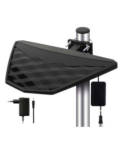 Outdoor antenna BEN-DIO2, LTE,  48dBi, Full HD broadcasts,
470–790 MHz, DC 6 V/50 mA,
5V/30 mA, 325 × 20 × 230 mm, IP65, black color
