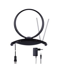 Indoor terrestrial ant. UVR-AV209, Lte DAB/DVB-T/T2,  47 dBi, 160–230 MHz, 470–790 MHz, DC
6 V/50 mA, 1.5 m cable, 230 × 240 × 128 mm, black, IP20