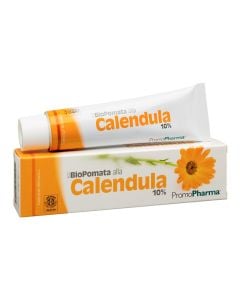 Ointment with 10% calendula plant extract, Ecobiopomada, which is used to treat and soothe irritated and red skin.