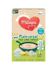 Organic milupa, rice, corn, tapioca, 6 months, 200 gr